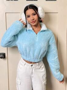 SHEIN Qutie Một nửa khóa kéo Thả vai Mùa vụ Teddy Áo nỉ - Màu xanh nhạt - Xem 1