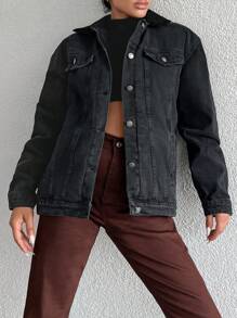 EURMUSE Flap Detail Drop Shoulder Denim Jacket - Dark Grey - View 5