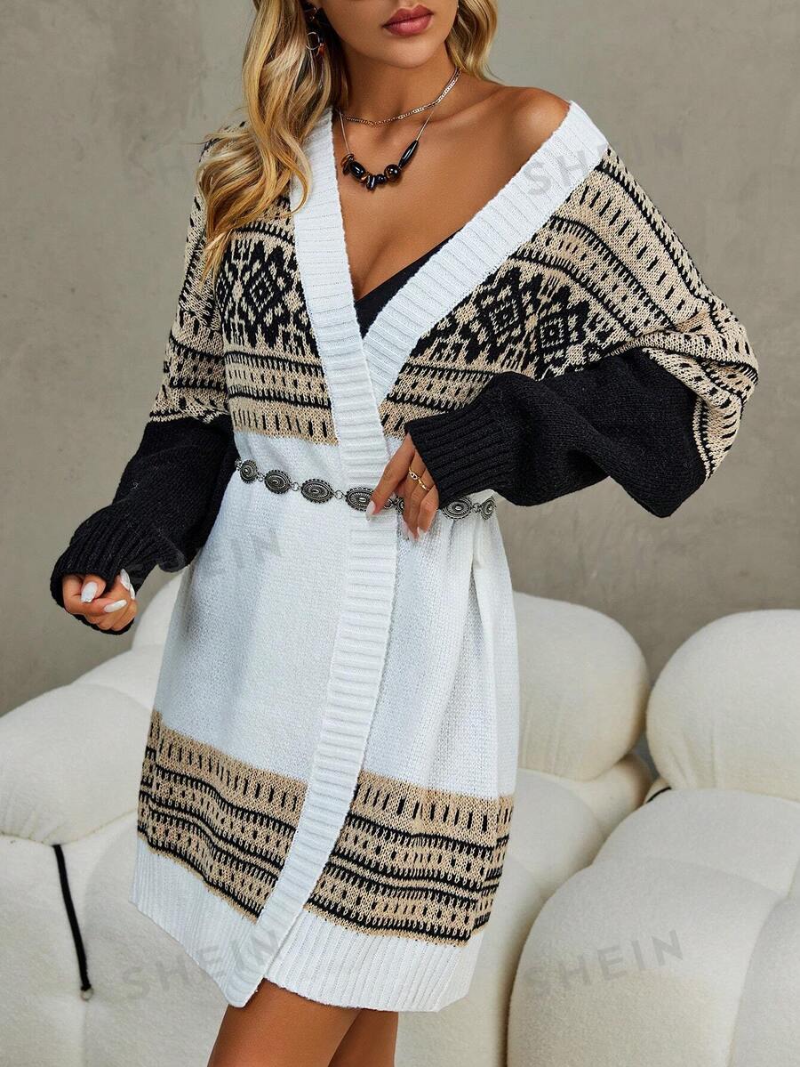 SHEIN Unity Cárdigan sin cinturón de hombros caídos con estampado geométrico - Blanco y Negro - Ver 1