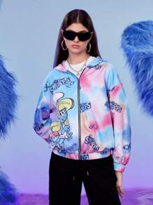 SHEIN X The Smurfs Tie Dye Letter Graphic Drop Shoulder Hooded Jacket - Multicolor - View 6