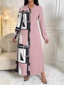 SHEIN Lady Geo Print Button Front Shirt Dress - Baby Pink - View 6