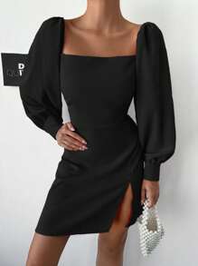 EURMUSE Rochie cu mânecă lanternă cu gât pătrat