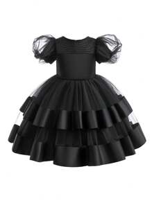 Young Girl Puff Sleeve Mesh Overlay Gown Dress for Christmas