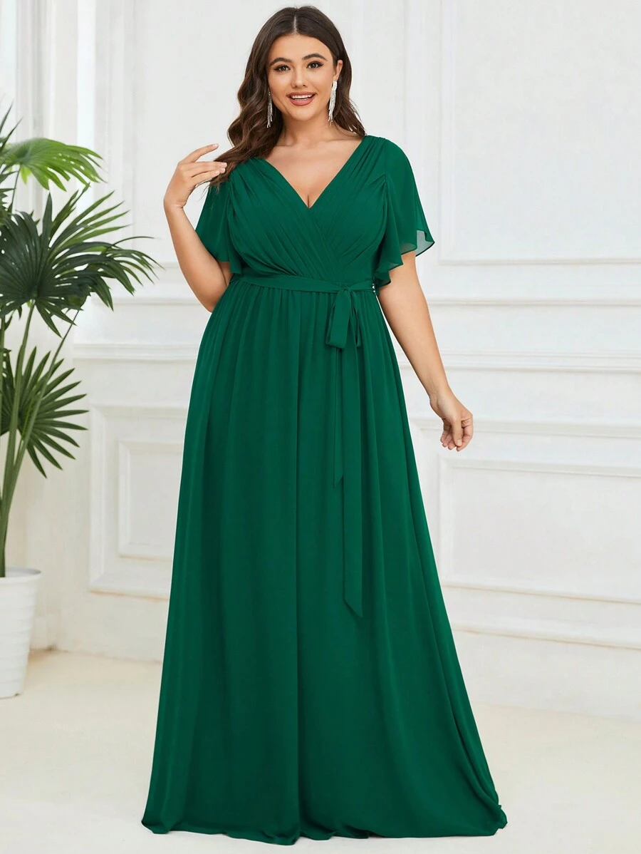 EVERPRETTY Elegant V-Neck Ruffle Petal Sleeve Floor Length Green Wedding Guest Bridesmaid Dress, Spring/Summer