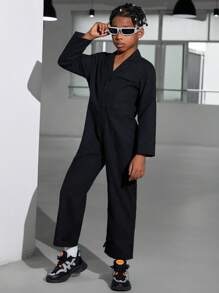 SHEIN Tween Boy Button Front Flap Detail Shirt Jumpsuit - Black - View 2