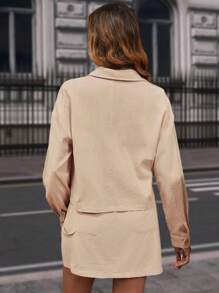 SHEIN LUNE Drop Shoulder Flap Pocket Jacket & Skirt - Khaki - View 2