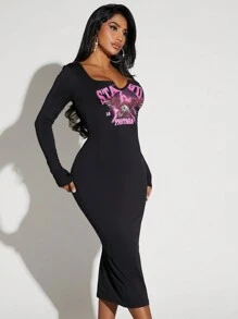 SHEIN SXY Lá thư & In Eagle Váy bodycon - màu đen - Xem 5