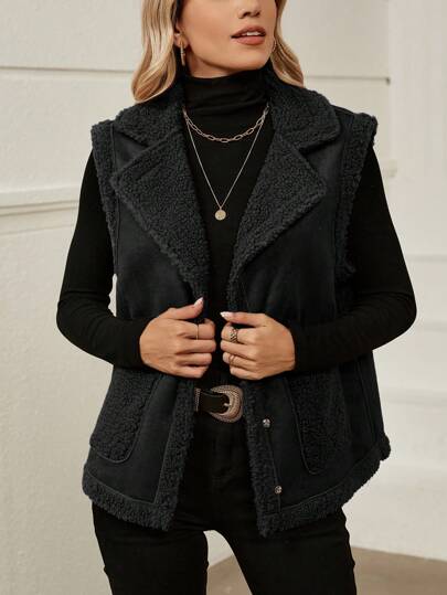SHEIN LUNE Chaleco con bolsillos dobles y forro de peluche para otoño/invierno