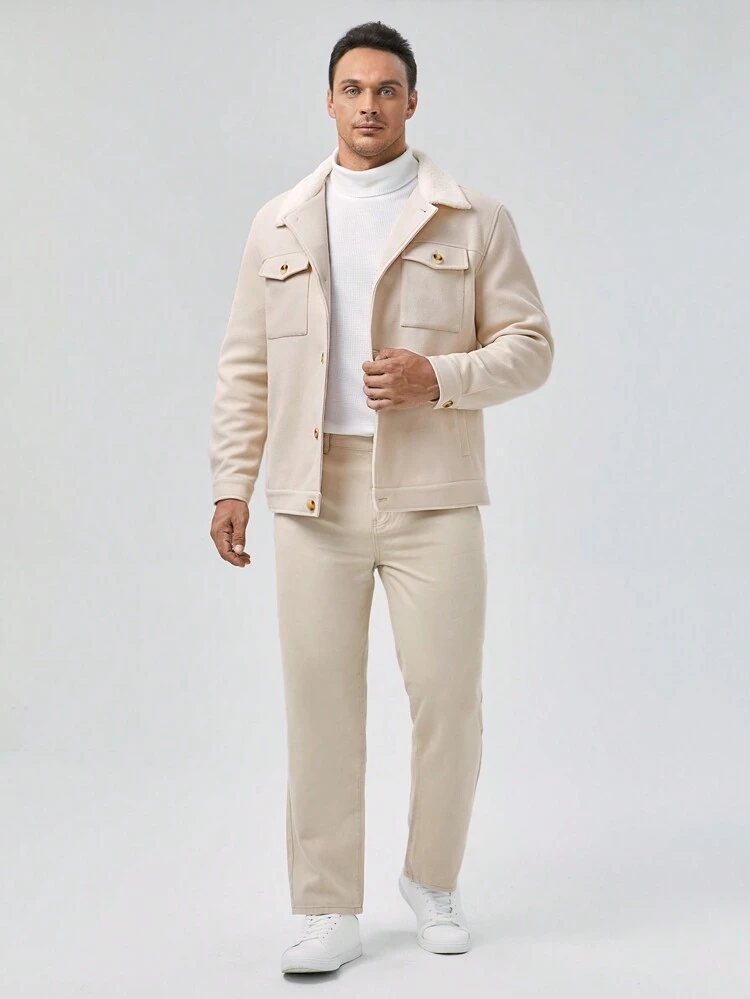 Loose Fit Men Plus Size Flap Pocket Long Sleeve Casual Overcoat, For Fall Winter