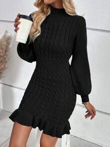 SHEIN Clasi Cable Knit Mock Neck Ruffle Hem Sweater Dress Fall Cloth For Women - Black - View 4