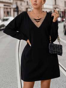 SHEIN LUNE Plus Contrast Trim Crisscross Front Sweater Dress - Black - View 6