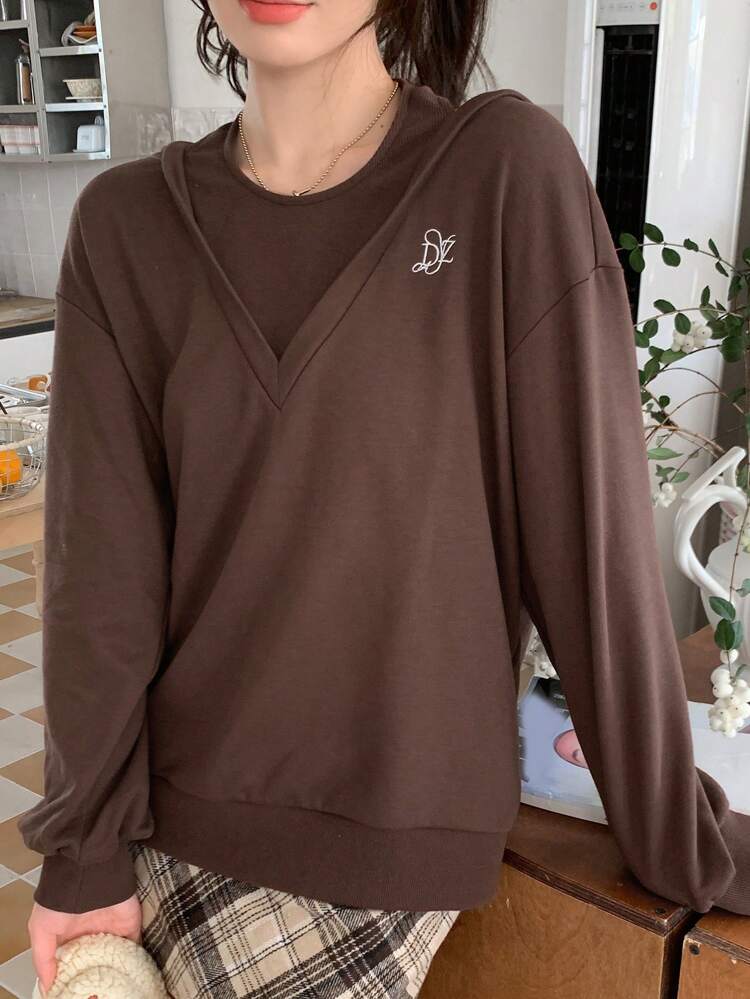 Letter Embroidery Drop Shoulder Hooded Sweatshirt,Fall Clothes