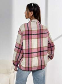 SHEIN Unity 格紋印花翻蓋口袋落肩袖襯衫 - 粉色 - 查看 2