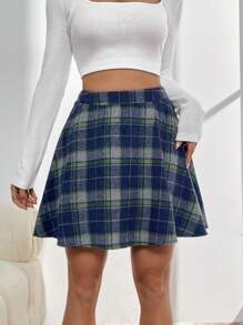 SHEIN Essnce 格紋印花高腰半身裙 - 霧霾藍 - 查看 4