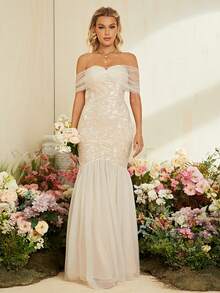 Off Shoulder Mermaid Hem Mesh Wedding Dress Mermaid Dress - White - View 5