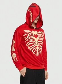 ROMWE MEN ROMWE Avant Guys Skeleton Print Hoodie, Halloween - Red - View 1
