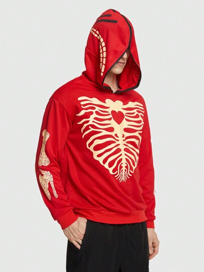 ROMWE Avant Guys Skeleton Print Hoodie, Halloween