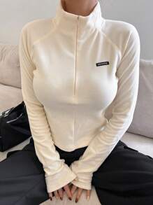 DAZY Letter Patched Detail Raglan Sleeve Mock Neck Tee - Beige - View 7