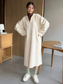 FRIFUL Thả vai Dây rút Đầm có mũ - Màu be - Xem 5