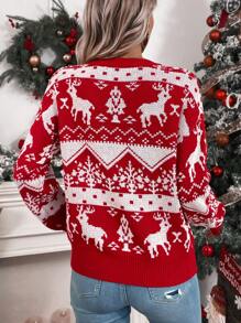 Chiquease Suéter de punto con caída de hombros con estampado navideño para otoño e invierno - Rojo - Ver 2