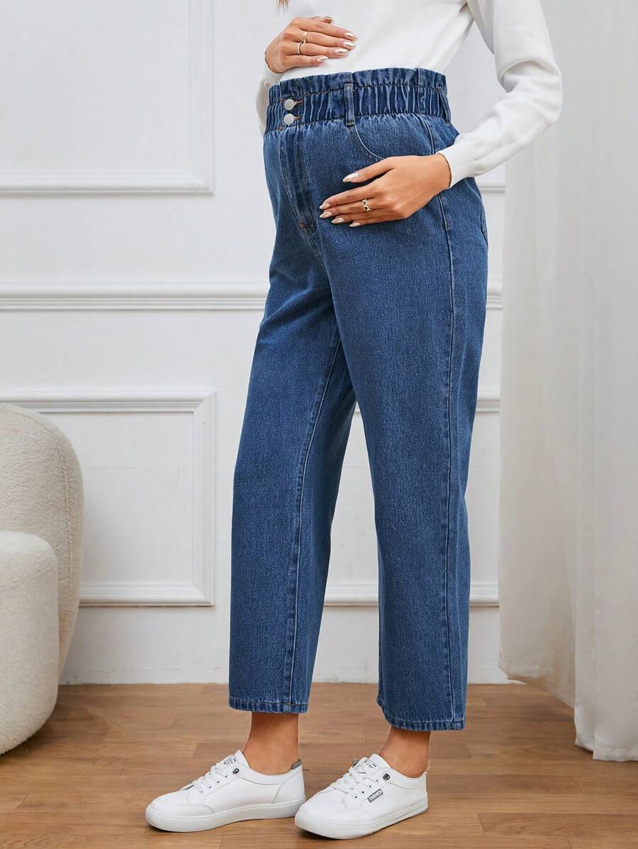 SHEIN Maternity Paperbag Waist Straight Leg Jeans - Medium Wash - View 1
