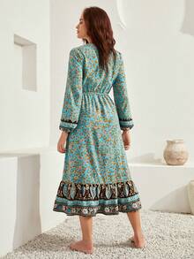 Bohemela 小碎花燈籠袖荷葉邊洋裝不附腰帶