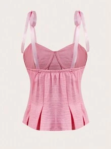 SHEIN MOD 肩上打結褶皺細節緊身吊帶 - 粉色 - 查看 2