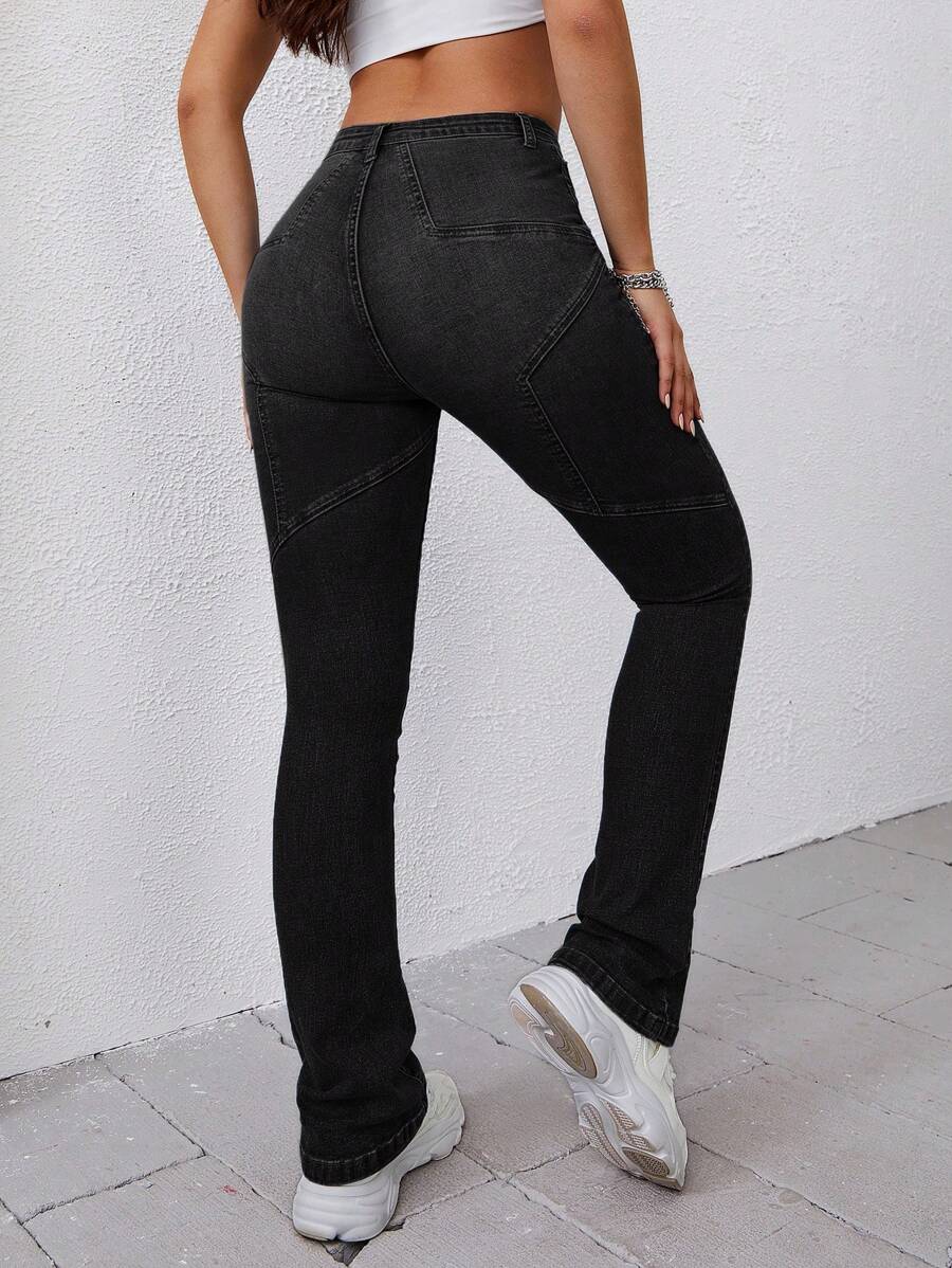 SHEIN EZwear Chất rắn Quần ống loe - màu đen - Xem 1