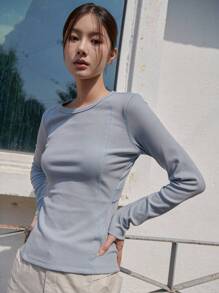 DAZY Áo thun dệt kim gân trơn tay dài cho nữ - Màu xanh nhạt - Xem 4