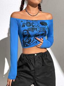 SHEIN Unity Camiseta crop con estampado de figura y slogan de hombros descubiertos - Azul - Ver 5