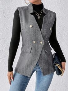 SHEIN Frenchy Women's Elegant Sleeveless Asymmetric Hem Double-Breasted Overcoat Winter - Dark Grey - View 6