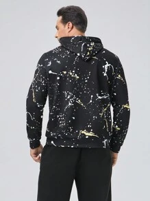 GENTILAND Men Plus Splash Ink Print Drawstring Hoodie - Black - View 2