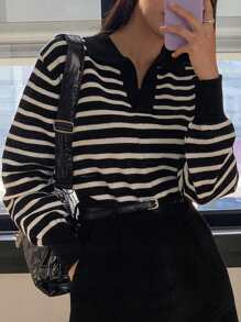 Striped Pattern Drop Shoulder Sweater - Black and White - View 1