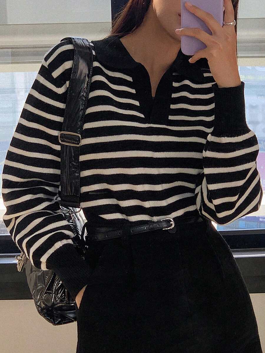 Striped Pattern Drop Shoulder Sweater - Black and White - View 1
