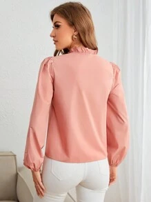 SHEIN Frenchy Frill Trim Lantern Sleeve Blouse - Pink - View 2