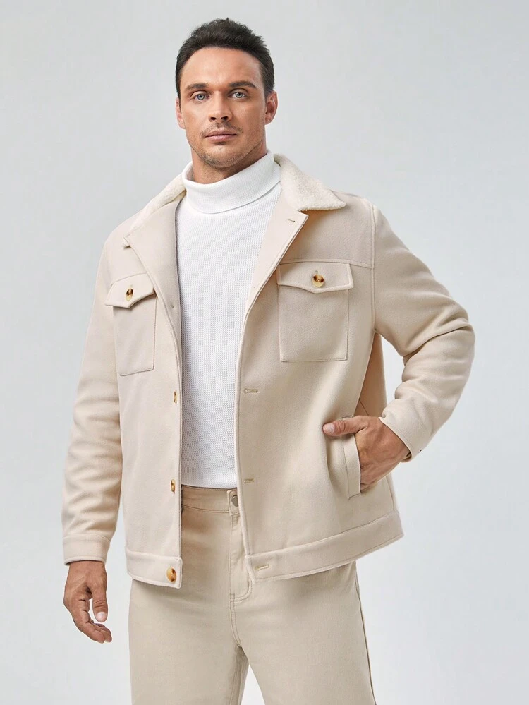 Loose Fit Men Plus Size Flap Pocket Long Sleeve Casual Overcoat, For Fall Winter