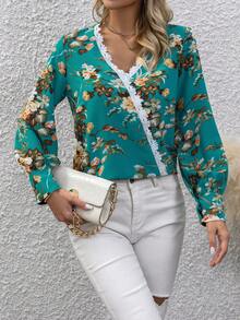 SHEIN Clasi Floral Print Guipure Lace Trim Blouse - Cadet Blue - View 5