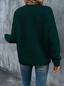 SHEIN LUNE 素色落肩袖V領套頭毛衣 - 墨綠色 - 查看 2