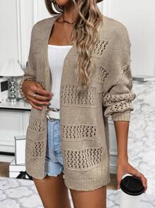 SHEIN Frenchy Pointelle Knit Drop Shoulder Cardigan - Apricot - View 6