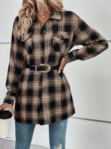 SHEIN Unity In kẻ sọc Thả vai Túi có nắp Áo sơ mi - Màu vàng - Xem 6