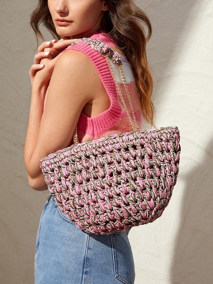Women's Woven Shoulder Bag With Zipper And Chain Large Capacity Simple And Fashionable Multifunctional
