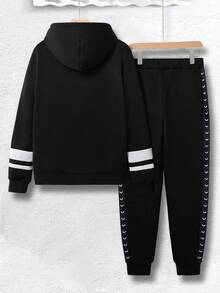 Manfinity Hypemode Men Letter Graphic Drawstring Hoodie & Sweatpants - Black - View 2