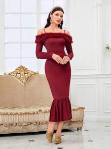 Modelyn 勃艮第红色毛绒边露肩美人鱼下摆闪光连衣裙 - 酒紅色 - 查看 5