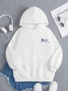 SHEIN Áo nỉ giữ nhiệt lót lông in hình khẩu hiệu dành cho bé gái tuổi teen - trắng - Xem 1