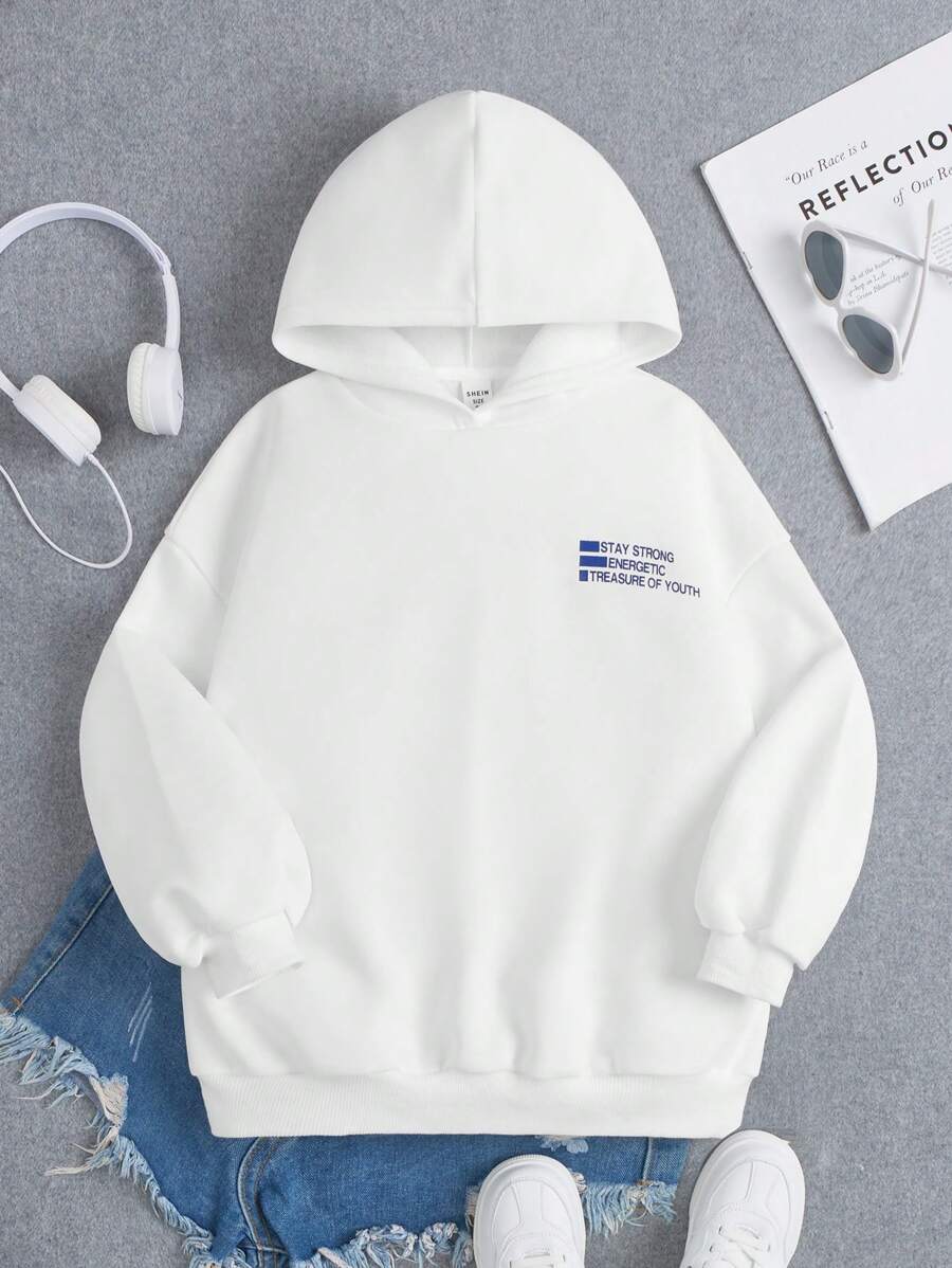 SHEIN Áo nỉ giữ nhiệt lót lông in hình khẩu hiệu dành cho bé gái tuổi teen - trắng - Xem 1