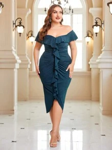 SHEIN Belle Talla grande Vestido brillante de hombros descubiertos ribete con fruncido fruncido - Verde Oscuro - Ver 6