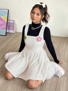 SHEIN MOD Appliques Detail Overall Dress Without Tee - White - View 5