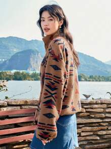 DAZY 几何印花灯笼袖半拉链运动衫、长袖上衣、秋季女装 - 駝色 - 查看 2