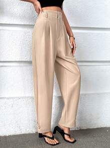 SHEIN Essnce 高腰拼接細節直筒褲 - 卡其色 - 查看 4