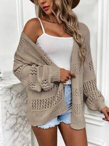 SHEIN Frenchy Pointelle Knit Drop Shoulder Cardigan - Apricot - View 3
